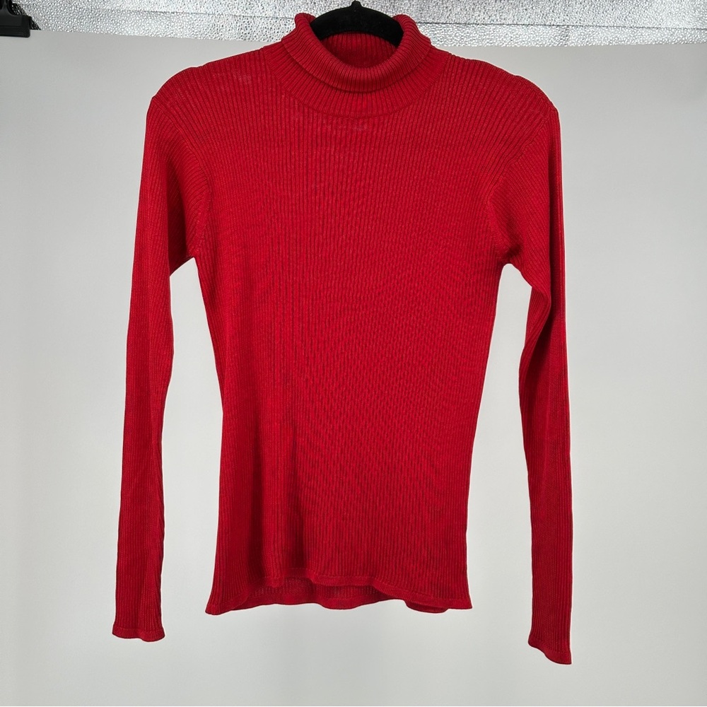 Women’s Small Red Silk Ribbed Turtleneck Sweater Ellen Tracy Y2K